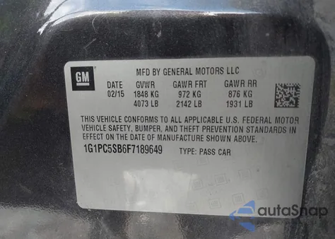 2015 Chevrolet Cruze 1Lt Auto from USA, damaged, VIN 1G1PC5SB6F7189649